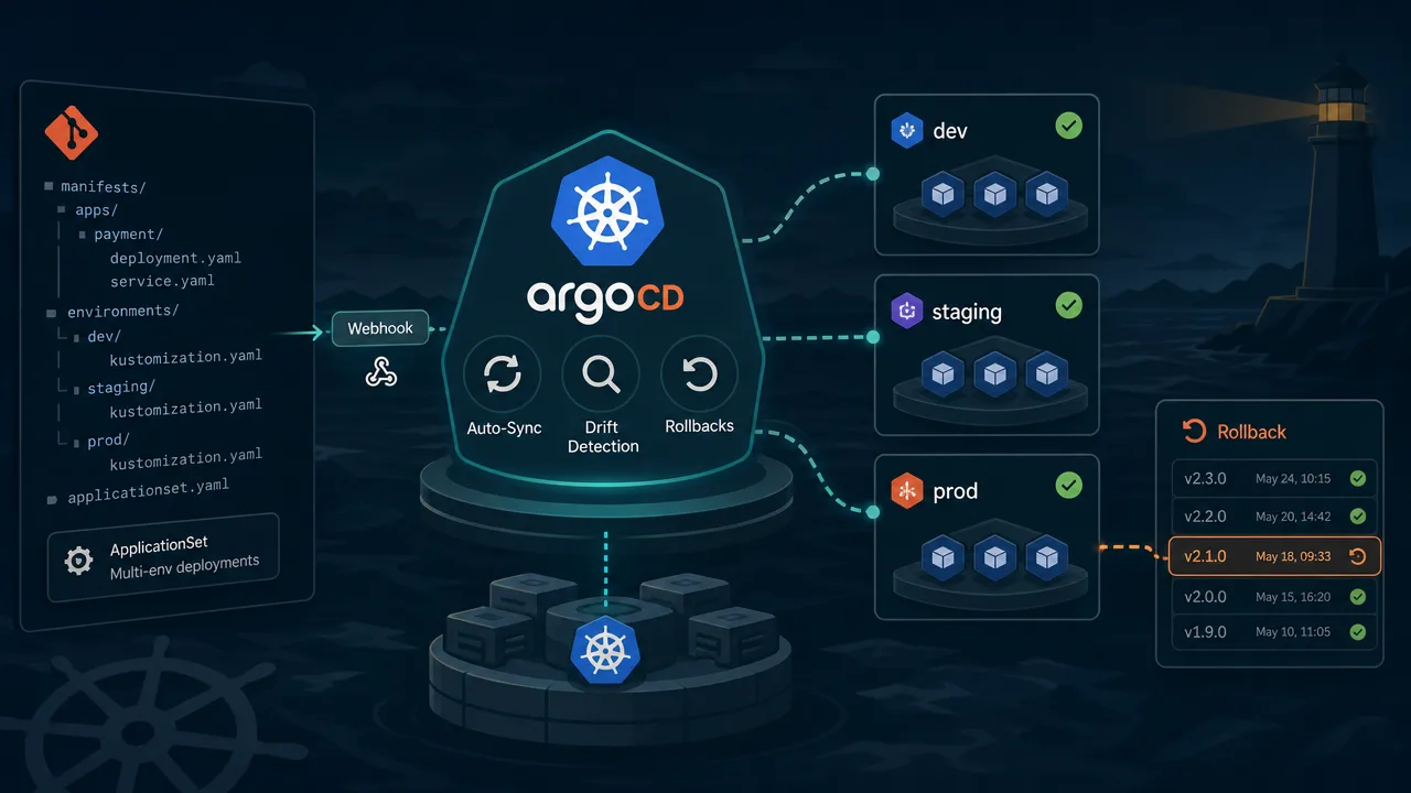 GitOps on Kubernetes with ArgoCD: Declarative Deploys, Auto-Sync, and One-Click Rollbacks