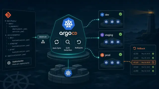 GitOps on Kubernetes with ArgoCD: Declarative Deploys, Auto-Sync, and One-Click Rollbacks