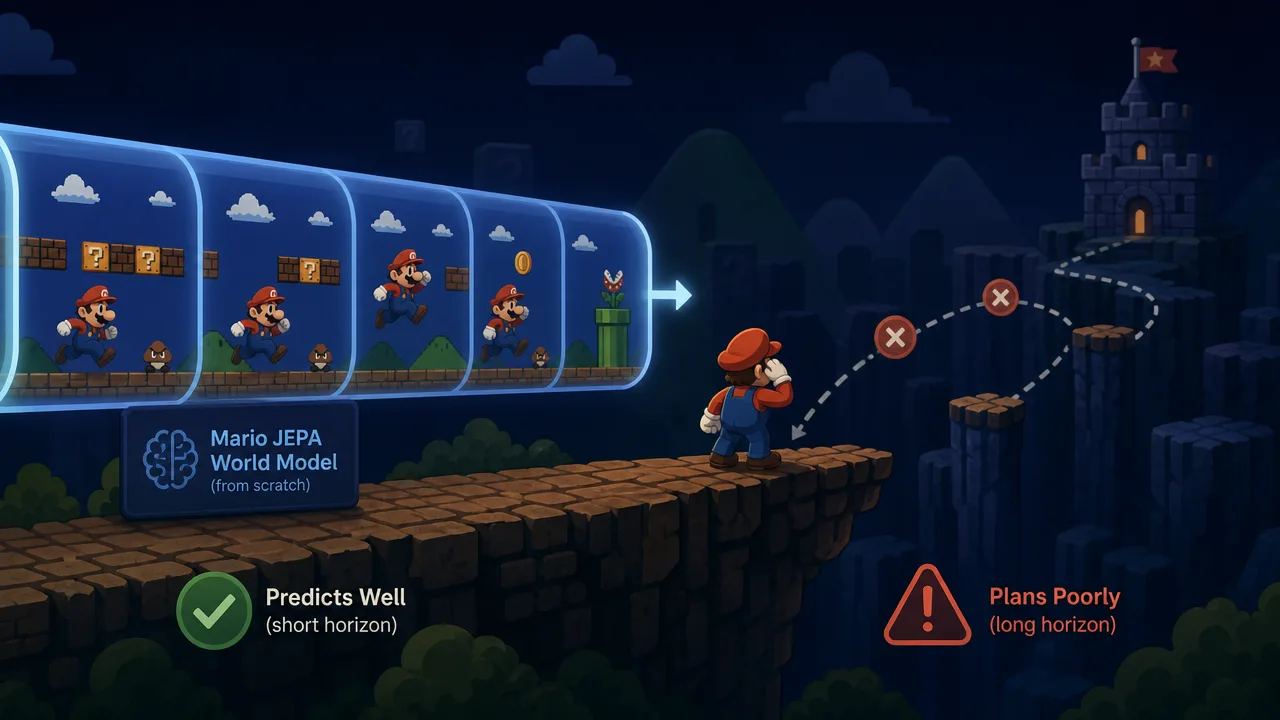 Why a Mario JEPA Predicts Well and Plans Poorly